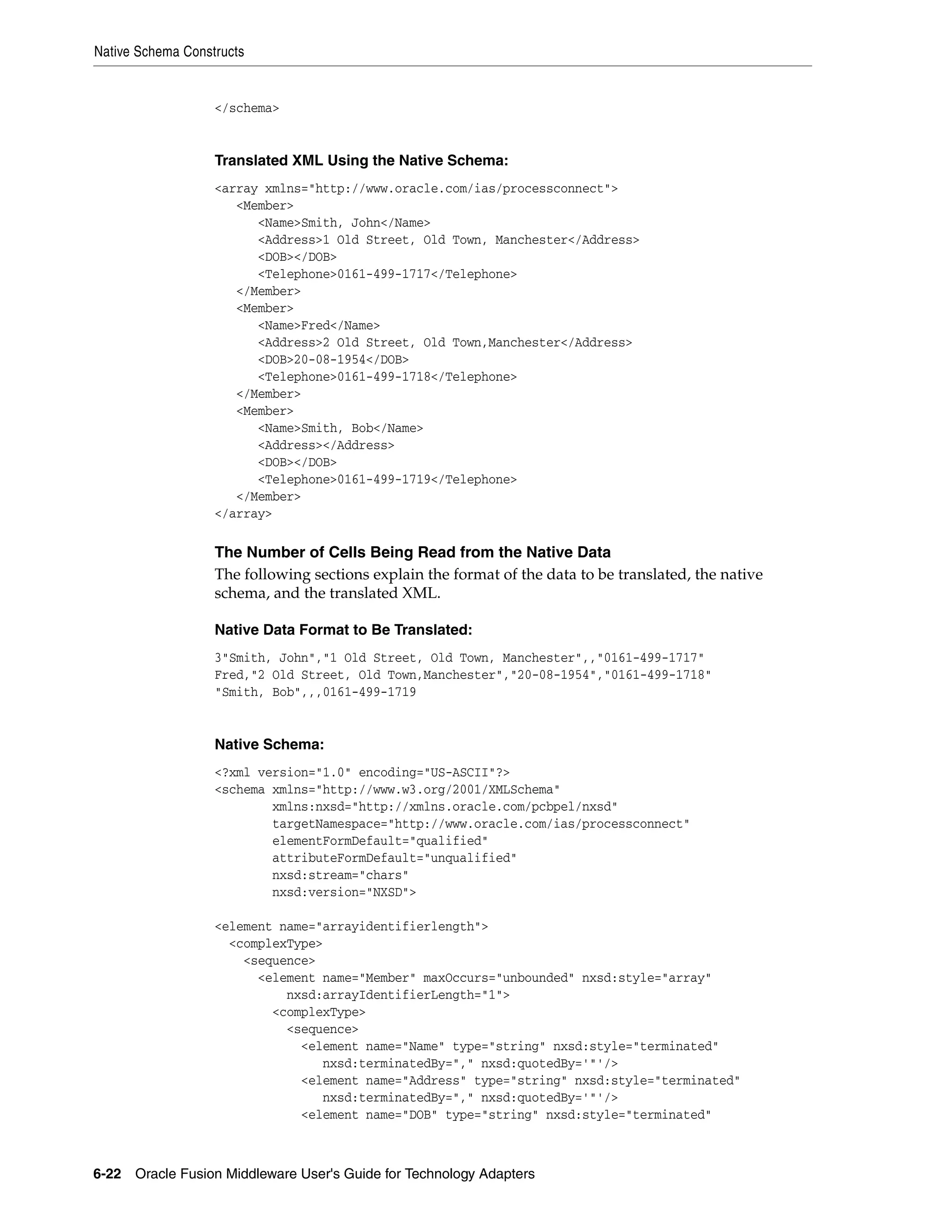 Native Schema Constructs
6-22 Oracle Fusion Middleware User's Guide for Technology Adapters
</schema>
Translated XML Using the Native Schema:
<array xmlns="http://www.oracle.com/ias/processconnect">
<Member>
<Name>Smith, John</Name>
<Address>1 Old Street, Old Town, Manchester</Address>
<DOB></DOB>
<Telephone>0161-499-1717</Telephone>
</Member>
<Member>
<Name>Fred</Name>
<Address>2 Old Street, Old Town,Manchester</Address>
<DOB>20-08-1954</DOB>
<Telephone>0161-499-1718</Telephone>
</Member>
<Member>
<Name>Smith, Bob</Name>
<Address></Address>
<DOB></DOB>
<Telephone>0161-499-1719</Telephone>
</Member>
</array>
The Number of Cells Being Read from the Native Data
The following sections explain the format of the data to be translated, the native
schema, and the translated XML.
Native Data Format to Be Translated:
3"Smith, John","1 Old Street, Old Town, Manchester",,"0161-499-1717"
Fred,"2 Old Street, Old Town,Manchester","20-08-1954","0161-499-1718"
"Smith, Bob",,,0161-499-1719
Native Schema:
<?xml version="1.0" encoding="US-ASCII"?>
<schema xmlns="http://www.w3.org/2001/XMLSchema"
xmlns:nxsd="http://xmlns.oracle.com/pcbpel/nxsd"
targetNamespace="http://www.oracle.com/ias/processconnect"
elementFormDefault="qualified"
attributeFormDefault="unqualified"
nxsd:stream="chars"
nxsd:version="NXSD">
<element name="arrayidentifierlength">
<complexType>
<sequence>
<element name="Member" maxOccurs="unbounded" nxsd:style="array"
nxsd:arrayIdentifierLength="1">
<complexType>
<sequence>
<element name="Name" type="string" nxsd:style="terminated"
nxsd:terminatedBy="," nxsd:quotedBy='"'/>
<element name="Address" type="string" nxsd:style="terminated"
nxsd:terminatedBy="," nxsd:quotedBy='"'/>
<element name="DOB" type="string" nxsd:style="terminated"
 