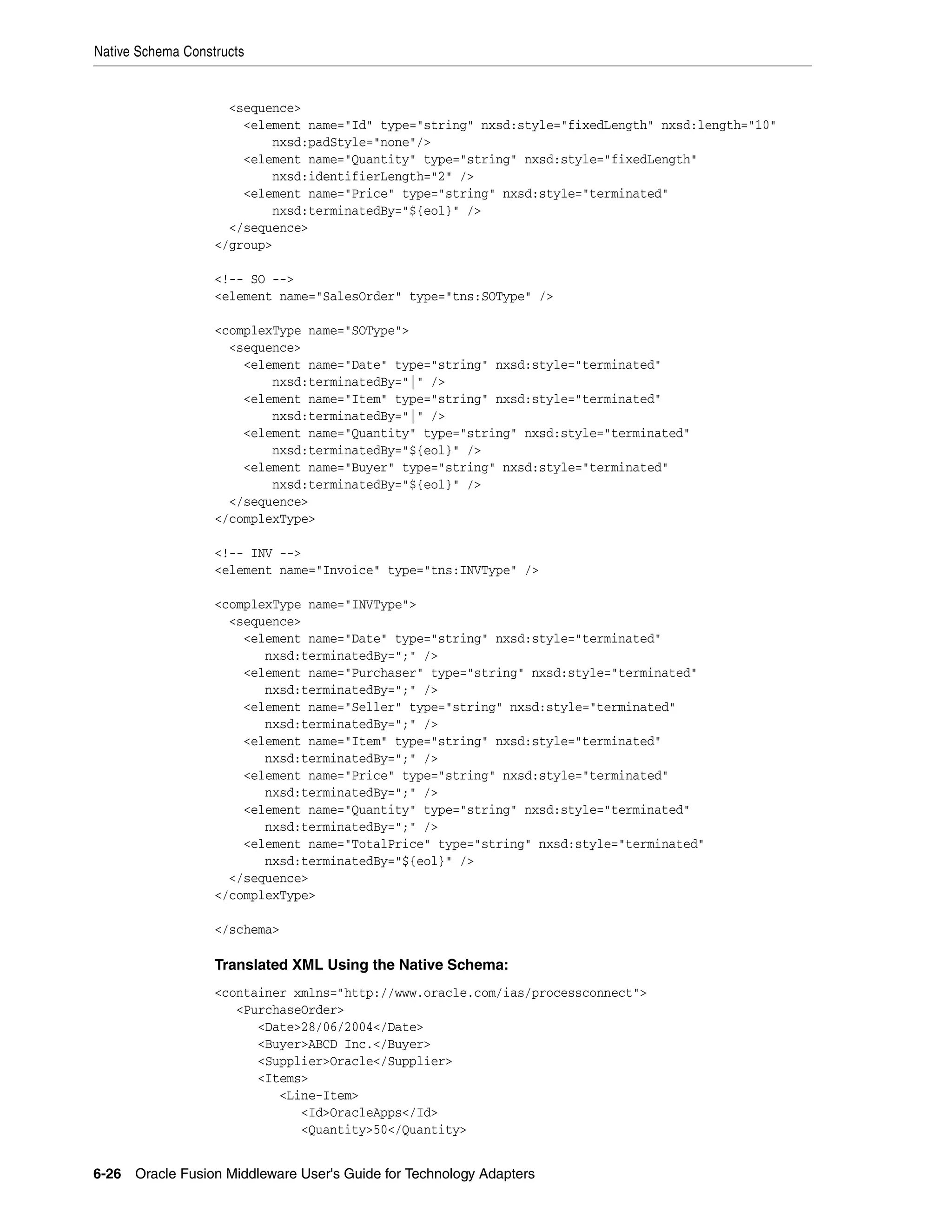 Native Schema Constructs
6-26 Oracle Fusion Middleware User's Guide for Technology Adapters
<sequence>
<element name="Id" type="string" nxsd:style="fixedLength" nxsd:length="10"
nxsd:padStyle="none"/>
<element name="Quantity" type="string" nxsd:style="fixedLength"
nxsd:identifierLength="2" />
<element name="Price" type="string" nxsd:style="terminated"
nxsd:terminatedBy="${eol}" />
</sequence>
</group>
<!-- SO -->
<element name="SalesOrder" type="tns:SOType" />
<complexType name="SOType">
<sequence>
<element name="Date" type="string" nxsd:style="terminated"
nxsd:terminatedBy="|" />
<element name="Item" type="string" nxsd:style="terminated"
nxsd:terminatedBy="|" />
<element name="Quantity" type="string" nxsd:style="terminated"
nxsd:terminatedBy="${eol}" />
<element name="Buyer" type="string" nxsd:style="terminated"
nxsd:terminatedBy="${eol}" />
</sequence>
</complexType>
<!-- INV -->
<element name="Invoice" type="tns:INVType" />
<complexType name="INVType">
<sequence>
<element name="Date" type="string" nxsd:style="terminated"
nxsd:terminatedBy=";" />
<element name="Purchaser" type="string" nxsd:style="terminated"
nxsd:terminatedBy=";" />
<element name="Seller" type="string" nxsd:style="terminated"
nxsd:terminatedBy=";" />
<element name="Item" type="string" nxsd:style="terminated"
nxsd:terminatedBy=";" />
<element name="Price" type="string" nxsd:style="terminated"
nxsd:terminatedBy=";" />
<element name="Quantity" type="string" nxsd:style="terminated"
nxsd:terminatedBy=";" />
<element name="TotalPrice" type="string" nxsd:style="terminated"
nxsd:terminatedBy="${eol}" />
</sequence>
</complexType>
</schema>
Translated XML Using the Native Schema:
<container xmlns="http://www.oracle.com/ias/processconnect">
<PurchaseOrder>
<Date>28/06/2004</Date>
<Buyer>ABCD Inc.</Buyer>
<Supplier>Oracle</Supplier>
<Items>
<Line-Item>
<Id>OracleApps</Id>
<Quantity>50</Quantity>
 