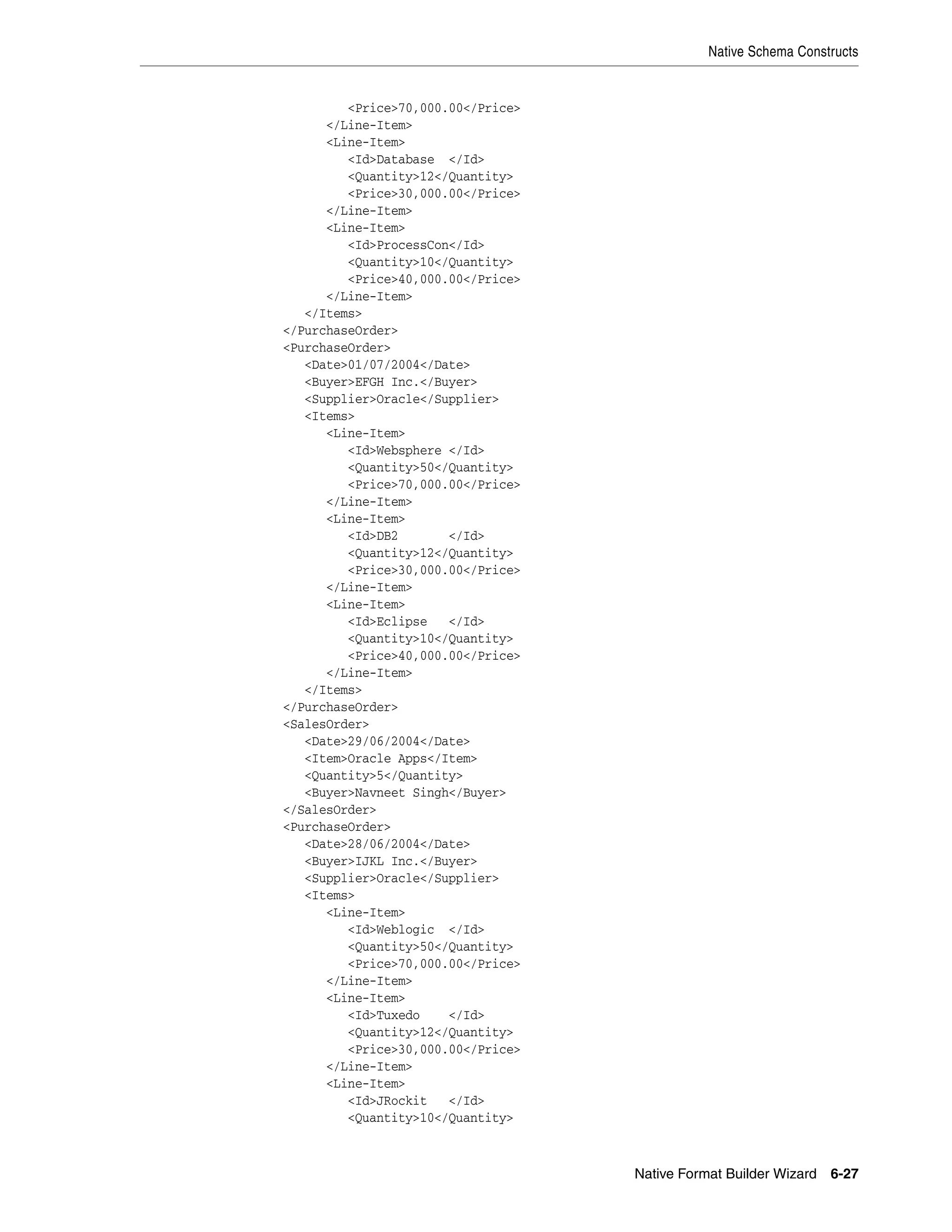 Native Schema Constructs
Native Format Builder Wizard 6-27
<Price>70,000.00</Price>
</Line-Item>
<Line-Item>
<Id>Database </Id>
<Quantity>12</Quantity>
<Price>30,000.00</Price>
</Line-Item>
<Line-Item>
<Id>ProcessCon</Id>
<Quantity>10</Quantity>
<Price>40,000.00</Price>
</Line-Item>
</Items>
</PurchaseOrder>
<PurchaseOrder>
<Date>01/07/2004</Date>
<Buyer>EFGH Inc.</Buyer>
<Supplier>Oracle</Supplier>
<Items>
<Line-Item>
<Id>Websphere </Id>
<Quantity>50</Quantity>
<Price>70,000.00</Price>
</Line-Item>
<Line-Item>
<Id>DB2 </Id>
<Quantity>12</Quantity>
<Price>30,000.00</Price>
</Line-Item>
<Line-Item>
<Id>Eclipse </Id>
<Quantity>10</Quantity>
<Price>40,000.00</Price>
</Line-Item>
</Items>
</PurchaseOrder>
<SalesOrder>
<Date>29/06/2004</Date>
<Item>Oracle Apps</Item>
<Quantity>5</Quantity>
<Buyer>Navneet Singh</Buyer>
</SalesOrder>
<PurchaseOrder>
<Date>28/06/2004</Date>
<Buyer>IJKL Inc.</Buyer>
<Supplier>Oracle</Supplier>
<Items>
<Line-Item>
<Id>Weblogic </Id>
<Quantity>50</Quantity>
<Price>70,000.00</Price>
</Line-Item>
<Line-Item>
<Id>Tuxedo </Id>
<Quantity>12</Quantity>
<Price>30,000.00</Price>
</Line-Item>
<Line-Item>
<Id>JRockit </Id>
<Quantity>10</Quantity>
 