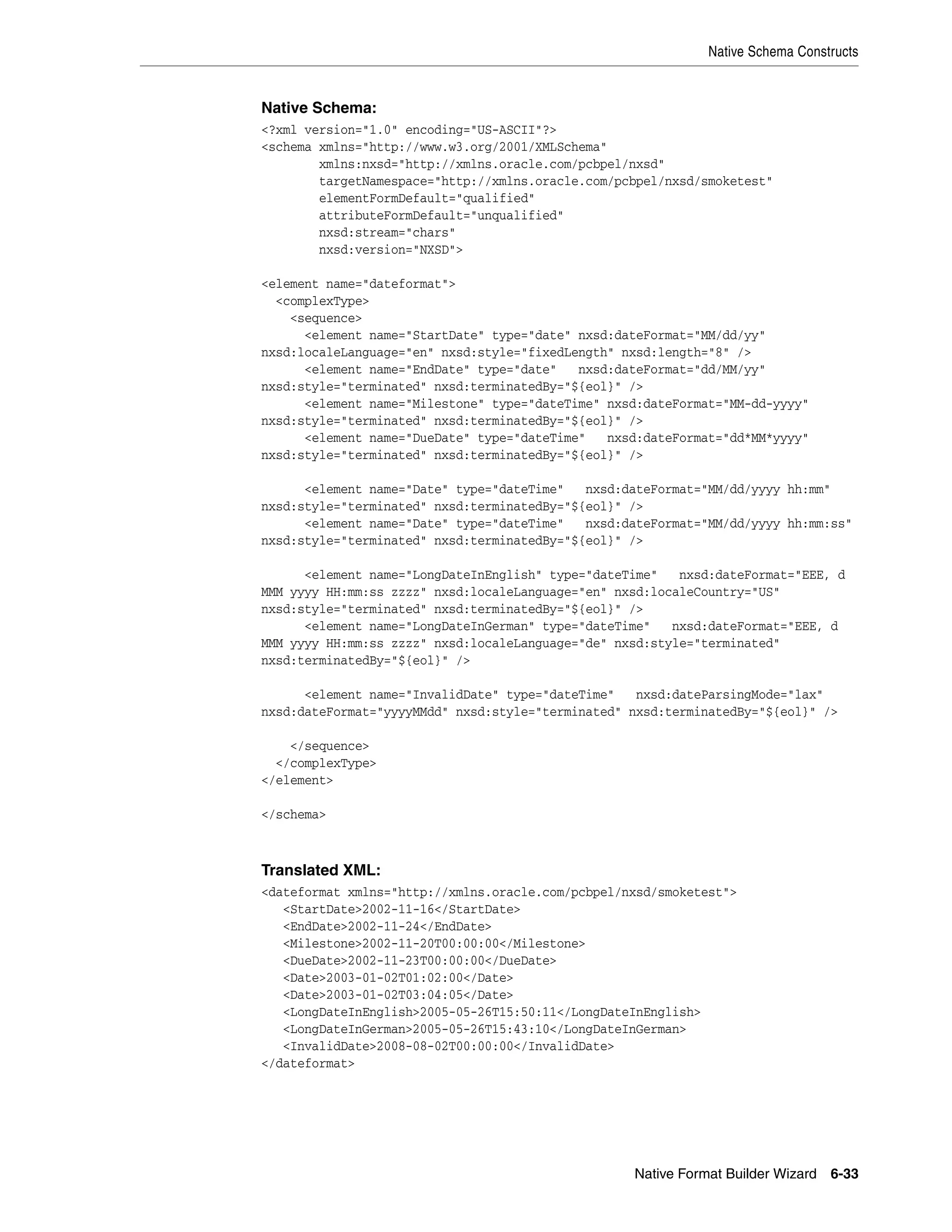 Native Schema Constructs
Native Format Builder Wizard 6-33
Native Schema:
<?xml version="1.0" encoding="US-ASCII"?>
<schema xmlns="http://www.w3.org/2001/XMLSchema"
xmlns:nxsd="http://xmlns.oracle.com/pcbpel/nxsd"
targetNamespace="http://xmlns.oracle.com/pcbpel/nxsd/smoketest"
elementFormDefault="qualified"
attributeFormDefault="unqualified"
nxsd:stream="chars"
nxsd:version="NXSD">
<element name="dateformat">
<complexType>
<sequence>
<element name="StartDate" type="date" nxsd:dateFormat="MM/dd/yy"
nxsd:localeLanguage="en" nxsd:style="fixedLength" nxsd:length="8" />
<element name="EndDate" type="date" nxsd:dateFormat="dd/MM/yy"
nxsd:style="terminated" nxsd:terminatedBy="${eol}" />
<element name="Milestone" type="dateTime" nxsd:dateFormat="MM-dd-yyyy"
nxsd:style="terminated" nxsd:terminatedBy="${eol}" />
<element name="DueDate" type="dateTime" nxsd:dateFormat="dd*MM*yyyy"
nxsd:style="terminated" nxsd:terminatedBy="${eol}" />
<element name="Date" type="dateTime" nxsd:dateFormat="MM/dd/yyyy hh:mm"
nxsd:style="terminated" nxsd:terminatedBy="${eol}" />
<element name="Date" type="dateTime" nxsd:dateFormat="MM/dd/yyyy hh:mm:ss"
nxsd:style="terminated" nxsd:terminatedBy="${eol}" />
<element name="LongDateInEnglish" type="dateTime" nxsd:dateFormat="EEE, d
MMM yyyy HH:mm:ss zzzz" nxsd:localeLanguage="en" nxsd:localeCountry="US"
nxsd:style="terminated" nxsd:terminatedBy="${eol}" />
<element name="LongDateInGerman" type="dateTime" nxsd:dateFormat="EEE, d
MMM yyyy HH:mm:ss zzzz" nxsd:localeLanguage="de" nxsd:style="terminated"
nxsd:terminatedBy="${eol}" />
<element name="InvalidDate" type="dateTime" nxsd:dateParsingMode="lax"
nxsd:dateFormat="yyyyMMdd" nxsd:style="terminated" nxsd:terminatedBy="${eol}" />
</sequence>
</complexType>
</element>
</schema>
Translated XML:
<dateformat xmlns="http://xmlns.oracle.com/pcbpel/nxsd/smoketest">
<StartDate>2002-11-16</StartDate>
<EndDate>2002-11-24</EndDate>
<Milestone>2002-11-20T00:00:00</Milestone>
<DueDate>2002-11-23T00:00:00</DueDate>
<Date>2003-01-02T01:02:00</Date>
<Date>2003-01-02T03:04:05</Date>
<LongDateInEnglish>2005-05-26T15:50:11</LongDateInEnglish>
<LongDateInGerman>2005-05-26T15:43:10</LongDateInGerman>
<InvalidDate>2008-08-02T00:00:00</InvalidDate>
</dateformat>
 