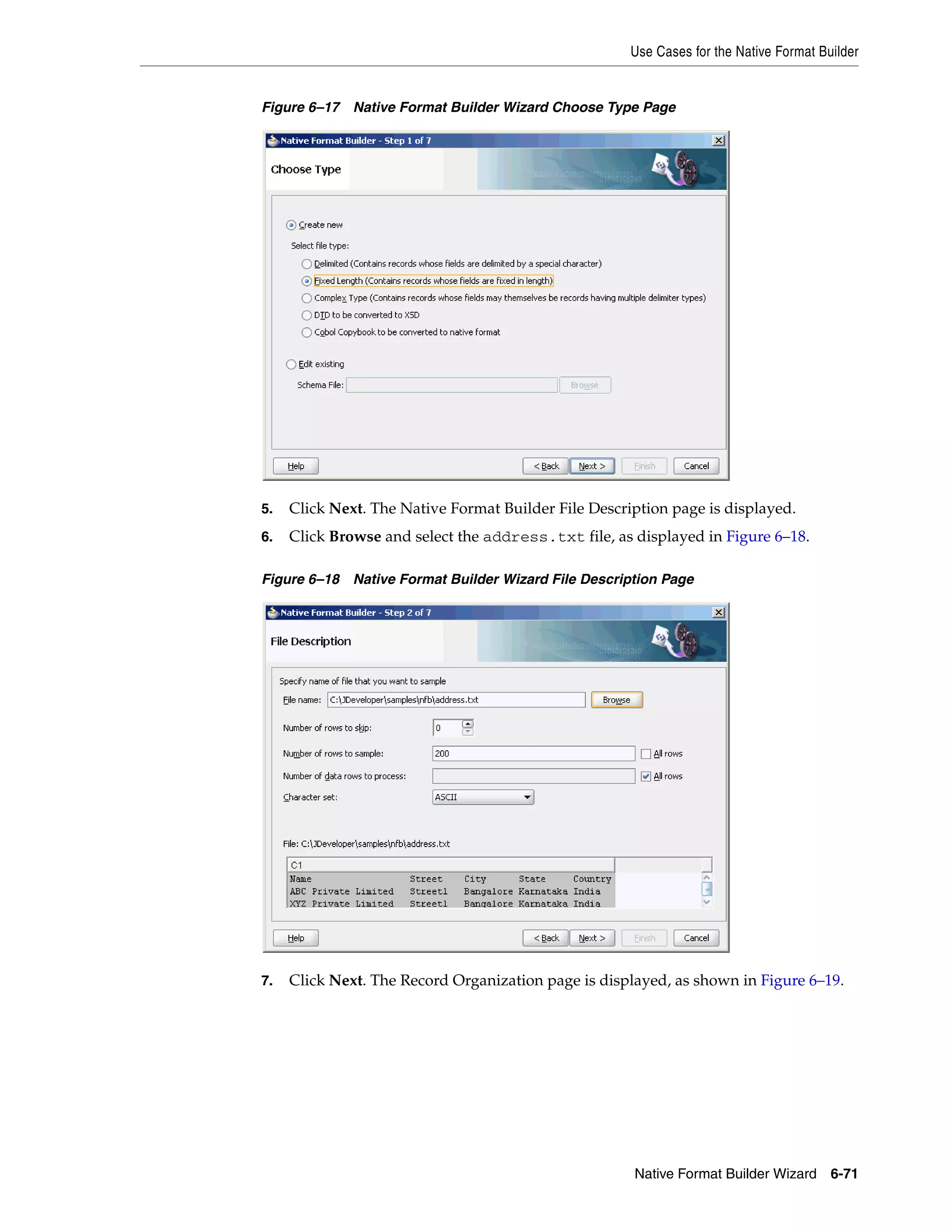 Use Cases for the Native Format Builder
Native Format Builder Wizard 6-71
Figure 6–17 Native Format Builder Wizard Choose Type Page
5. Click Next. The Native Format Builder File Description page is displayed.
6. Click Browse and select the address.txt file, as displayed in Figure 6–18.
Figure 6–18 Native Format Builder Wizard File Description Page
7. Click Next. The Record Organization page is displayed, as shown in Figure 6–19.
 