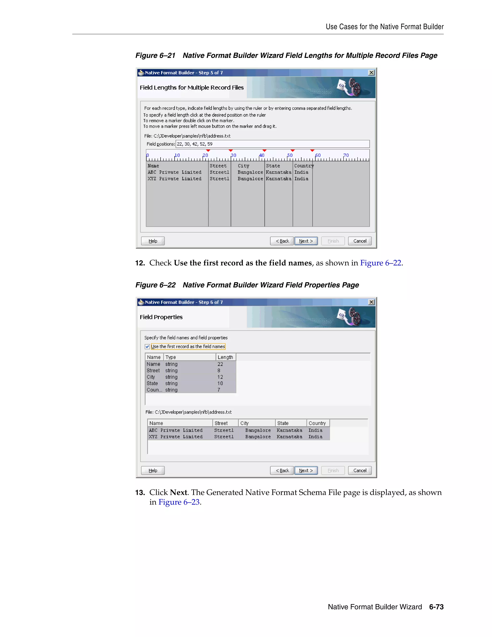 Use Cases for the Native Format Builder
Native Format Builder Wizard 6-73
Figure 6–21 Native Format Builder Wizard Field Lengths for Multiple Record Files Page
12. Check Use the first record as the field names, as shown in Figure 6–22.
Figure 6–22 Native Format Builder Wizard Field Properties Page
13. Click Next. The Generated Native Format Schema File page is displayed, as shown
in Figure 6–23.
 