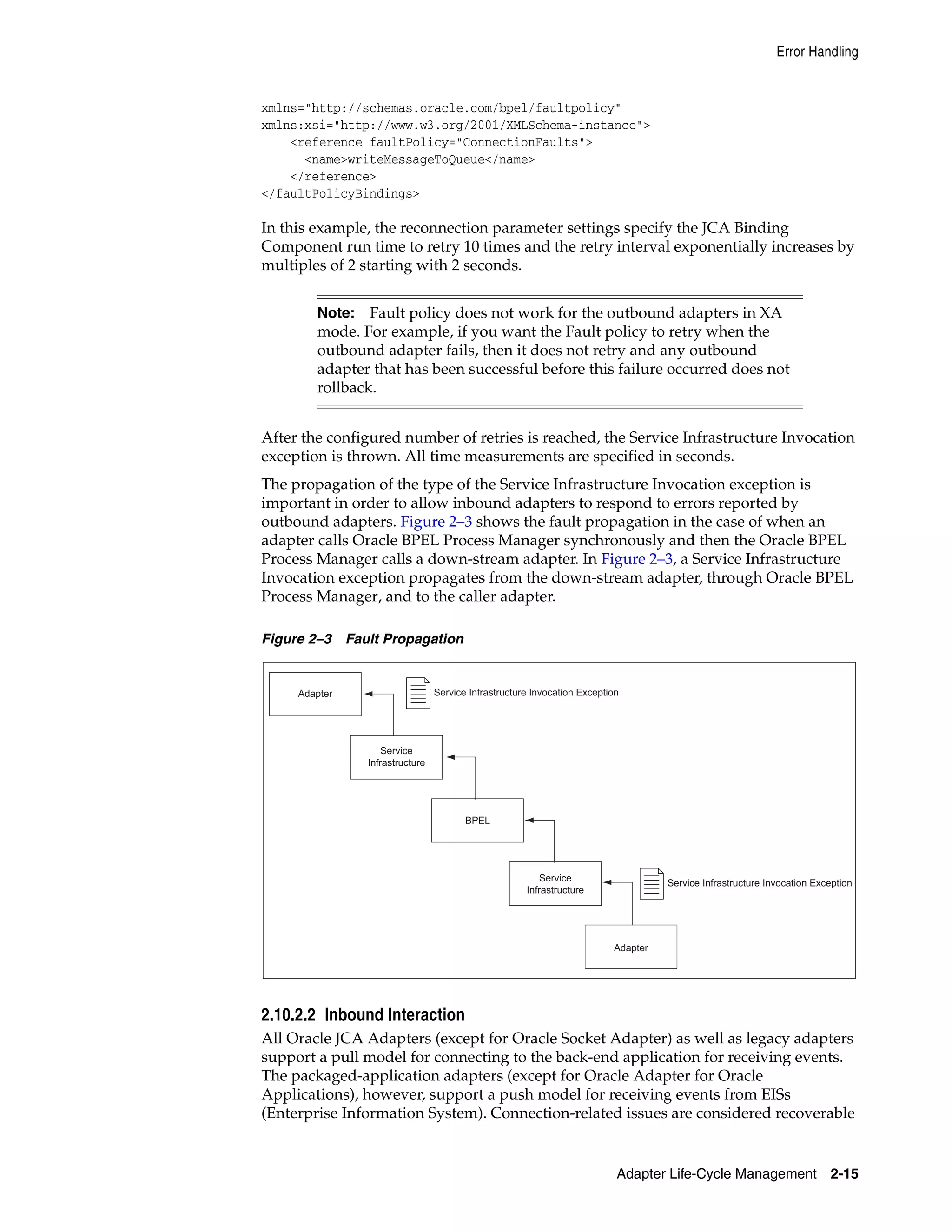 Error Handling
Adapter Life-Cycle Management 2-15
xmlns="http://schemas.oracle.com/bpel/faultpolicy"
xmlns:xsi="http://www.w3.org/2001/XMLSchema-instance">
<reference faultPolicy="ConnectionFaults">
<name>writeMessageToQueue</name>
</reference>
</faultPolicyBindings>
In this example, the reconnection parameter settings specify the JCA Binding
Component run time to retry 10 times and the retry interval exponentially increases by
multiples of 2 starting with 2 seconds.
After the configured number of retries is reached, the Service Infrastructure Invocation
exception is thrown. All time measurements are specified in seconds.
The propagation of the type of the Service Infrastructure Invocation exception is
important in order to allow inbound adapters to respond to errors reported by
outbound adapters. Figure 2–3 shows the fault propagation in the case of when an
adapter calls Oracle BPEL Process Manager synchronously and then the Oracle BPEL
Process Manager calls a down-stream adapter. In Figure 2–3, a Service Infrastructure
Invocation exception propagates from the down-stream adapter, through Oracle BPEL
Process Manager, and to the caller adapter.
Figure 2–3 Fault Propagation
2.10.2.2 Inbound Interaction
All Oracle JCA Adapters (except for Oracle Socket Adapter) as well as legacy adapters
support a pull model for connecting to the back-end application for receiving events.
The packaged-application adapters (except for Oracle Adapter for Oracle
Applications), however, support a push model for receiving events from EISs
(Enterprise Information System). Connection-related issues are considered recoverable
Note: Fault policy does not work for the outbound adapters in XA
mode. For example, if you want the Fault policy to retry when the
outbound adapter fails, then it does not retry and any outbound
adapter that has been successful before this failure occurred does not
rollback.
Adapter
Adapter
Service
Infrastructure
BPEL
Service
Infrastructure
Service Infrastructure Invocation Exception
Service Infrastructure Invocation Exception
 