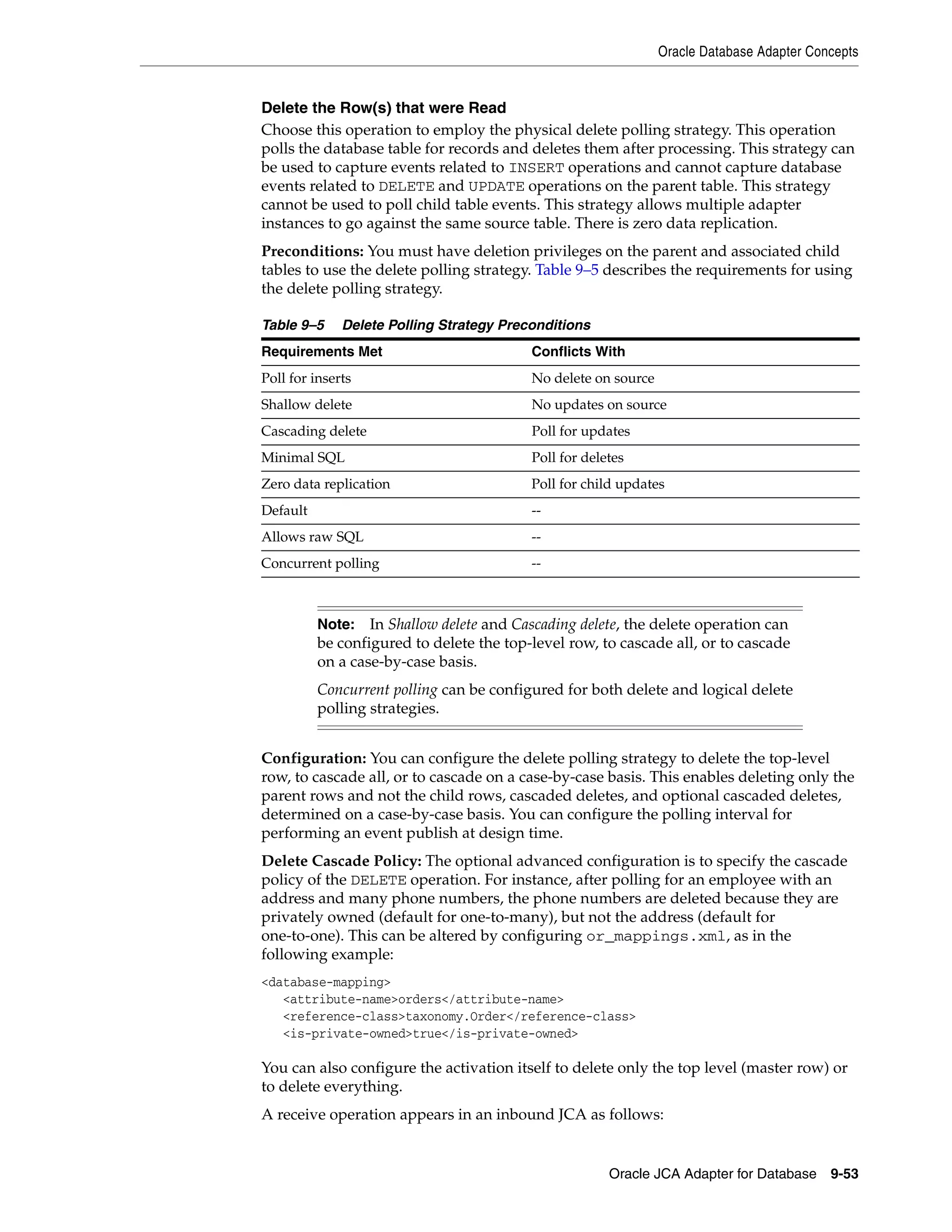 Oracle Database Adapter Concepts
Oracle JCA Adapter for Database 9-53
Delete the Row(s) that were Read
Choose this operation to employ the physical delete polling strategy. This operation
polls the database table for records and deletes them after processing. This strategy can
be used to capture events related to INSERT operations and cannot capture database
events related to DELETE and UPDATE operations on the parent table. This strategy
cannot be used to poll child table events. This strategy allows multiple adapter
instances to go against the same source table. There is zero data replication.
Preconditions: You must have deletion privileges on the parent and associated child
tables to use the delete polling strategy. Table 9–5 describes the requirements for using
the delete polling strategy.
Configuration: You can configure the delete polling strategy to delete the top-level
row, to cascade all, or to cascade on a case-by-case basis. This enables deleting only the
parent rows and not the child rows, cascaded deletes, and optional cascaded deletes,
determined on a case-by-case basis. You can configure the polling interval for
performing an event publish at design time.
Delete Cascade Policy: The optional advanced configuration is to specify the cascade
policy of the DELETE operation. For instance, after polling for an employee with an
address and many phone numbers, the phone numbers are deleted because they are
privately owned (default for one-to-many), but not the address (default for
one-to-one). This can be altered by configuring or_mappings.xml, as in the
following example:
<database-mapping>
<attribute-name>orders</attribute-name>
<reference-class>taxonomy.Order</reference-class>
<is-private-owned>true</is-private-owned>
You can also configure the activation itself to delete only the top level (master row) or
to delete everything.
A receive operation appears in an inbound JCA as follows:
Table 9–5 Delete Polling Strategy Preconditions
Requirements Met Conflicts With
Poll for inserts No delete on source
Shallow delete No updates on source
Cascading delete Poll for updates
Minimal SQL Poll for deletes
Zero data replication Poll for child updates
Default --
Allows raw SQL --
Concurrent polling --
Note: In Shallow delete and Cascading delete, the delete operation can
be configured to delete the top-level row, to cascade all, or to cascade
on a case-by-case basis.
Concurrent polling can be configured for both delete and logical delete
polling strategies.
 