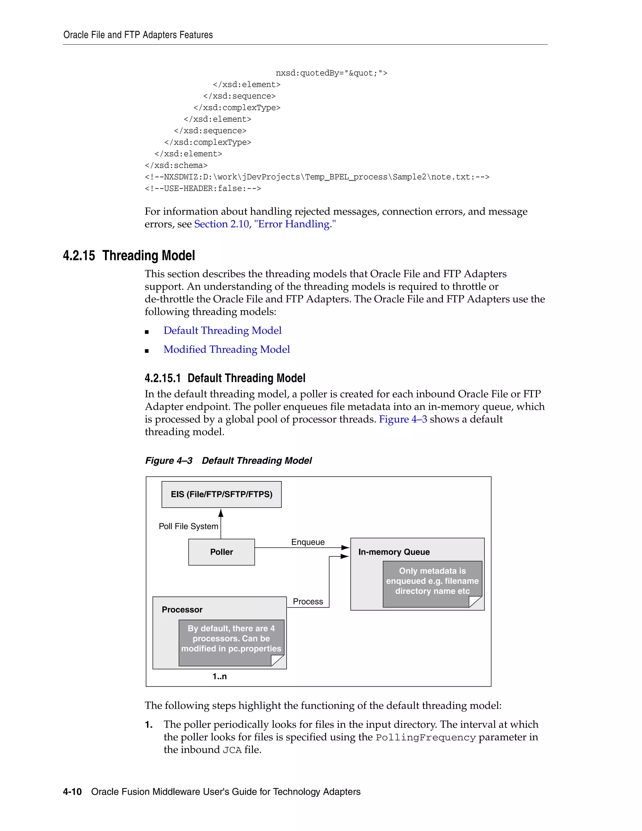 Oracle File and FTP Adapters Features
4-10 Oracle Fusion Middleware User's Guide for Technology Adapters
nxsd:quotedBy="&quot;">
</xsd:element>
</xsd:sequence>
</xsd:complexType>
</xsd:element>
</xsd:sequence>
</xsd:complexType>
</xsd:element>
</xsd:schema>
<!--NXSDWIZ:D:workjDevProjectsTemp_BPEL_processSample2note.txt:-->
<!--USE-HEADER:false:-->
For information about handling rejected messages, connection errors, and message
errors, see Section 2.10, "Error Handling."
4.2.15 Threading Model
This section describes the threading models that Oracle File and FTP Adapters
support. An understanding of the threading models is required to throttle or
de-throttle the Oracle File and FTP Adapters. The Oracle File and FTP Adapters use the
following threading models:
■ Default Threading Model
■ Modified Threading Model
4.2.15.1 Default Threading Model
In the default threading model, a poller is created for each inbound Oracle File or FTP
Adapter endpoint. The poller enqueues file metadata into an in-memory queue, which
is processed by a global pool of processor threads. Figure 4–3 shows a default
threading model.
Figure 4–3 Default Threading Model
The following steps highlight the functioning of the default threading model:
1. The poller periodically looks for files in the input directory. The interval at which
the poller looks for files is specified using the PollingFrequency parameter in
the inbound JCA file.
Poll File System
Enqueue
Process
EIS (File/FTP/SFTP/FTPS)
Only metadata is
enqueued e.g. filename
directory name etc
Poller In-memory Queue
Processor
By default, there are 4
processors. Can be
modified in pc.properties
1..n
 