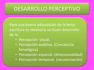 DESARROLLO PERCEPTIVO
Para una buena adquisición de la lecto-
escritura es necesaria un buen desarrollo
de la:
• Percepción visual.
• Percepción auditiva. (Conciencia
fonológica)
• Percepción espacial. (direccionalidad)
• Percepción temporal. (secuenciación)
 
