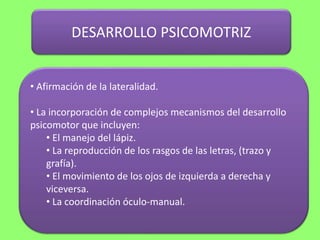 DESARROLLO PSICOMOTRIZ
• Afirmación de la lateralidad.
• La incorporación de complejos mecanismos del desarrollo
psicomotor que incluyen:
• El manejo del lápiz.
• La reproducción de los rasgos de las letras, (trazo y
grafía).
• El movimiento de los ojos de izquierda a derecha y
viceversa.
• La coordinación óculo-manual.
 