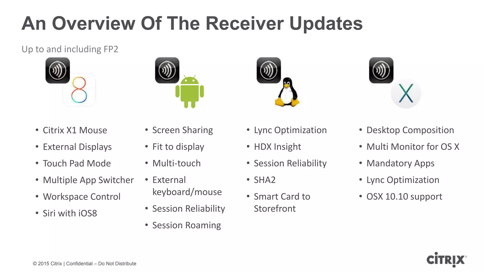 © 2015 Citrix | Confidential – Do Not Distribute An Overview Of The Receiver Updates Up to and including FP2 • Citrix X1 Mouse • External Displays • Touch Pad Mode • Multiple App Switcher • Workspace Control • Siri with iOS8 • Screen Sharing • Fit to display • Multi-touch • External keyboard/mouse • Session Reliability • Session Roaming • Lync Optimization • HDX Insight • Session Reliability • SHA2 • Smart Card to Storefront • Desktop Composition • Multi Monitor for OS X • Mandatory Apps • Lync Optimization • OSX 10.10 support 