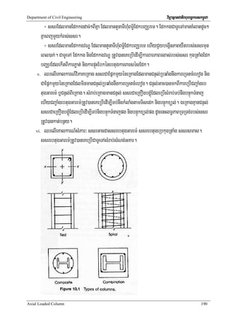 Department of Civil Engineering                                             viTüasßanCatiBhubec©keTskm<úCa
         +   ssrEdlmanEdkkgdac;²BIKña EdlmantYnaTIhMuBT§½EdkbBaÄrem. EdkkgCaTUeTAmanKMlatdUc²
        KñaeBjmYykMBs;ssr.
           + ssrEdlmanEdkkgvNÐ EdlmantYnaTIhMuBT§½EdkbBaÄrem ehIyCYybegáInPaByWtrbs;ssrmun

        eBl)ak;. CaTUeTA Edkkg nigEdkkgvNÐ RtUv)aneKeRbIedIm,IkarBarPaBrlas;rbs;ssr kugRtaMgEdk
        bBaÄrEdlekItBIkarPøat; nigkarpÞúHEbkénebtugkarBarsésEdk.
      v. QrelIeKalkarN_viPaKeRKag ssrCaEpñkmYyéneRKagEdlmanCnÞl;RbqaMgnwgkareRTtcMehog nig

        CaEpñkmYyéneRKagEdlminmanCnÞl;RbqaMgnwgkareRTtcMehog. CnÞl;Gac)anmkBIkareRbICBa¢aMgeb
        tugGarem: b¤CnÞl;BIeRKag. sMrab;eRKagmanCnÞl; ssrCaeRKOgbgÁMúEdleRbIsMrab;Tb;nwgbnÞúkTMnaj
        ehIyCBa¢aMgebtugGarem:RtUv)aneKeRbIedIm,ITb;nwgkMlaMgtamTisedk nigbnÞúkxül;. ÉeRKagKμanCnÞl;
        ssrCaeRKOgbgÁúMEdleRbIedIm,ITb;nigbnÞúkTMnajpg nigbnÞúkxül;pg dUcenHlT§PaBRTRTg;rbs;ssr
        RtUv)ankat;bnßy.
     vi. QrelIeKalkarN_sMPar³ ssrGacCassrebtugGarem: ssrebtugeRbkugRtaMg ssrsmas.

        ssrebtugGarem:RtUv)aneKeRbICaTUeTAsMrab;sMNg;GKar.




Axial Loaded Column                                                                                  190
 