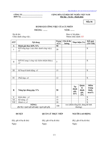 1/1
http://ieit.edu.vn BIỂU MẪU HỒ SƠ XÂY DỰNGBSC& KPI
CÔNG TY…………………………… CỘNG HÒA XÃ HỘI CHỦ NGHĨA VIỆT NAM
ĐƠN VỊ: ……………………………. Độc lập – Tự do – Hạnh phúc
ĐÁNH GIÁ CÔNG VIỆC CỦA CÁ NHÂN
THÁNG: …… NĂM: ……
Họ & tên: Đơn vị/ bộ phận :
Chức danh công việc:. Nhóm chức danh: G5
STT Nội dung
Trọng
số,%
Chỉ số đo
lường
Thực hiện (%)
Kết quả
(TS*TH)
A Đánh giá theo KPI, X% 50
I
KPI tổng hợp ( của chức danh công việc),
x1
20
X
II
KPI bổ sung ( công việc kiêm nhiệm khác),
x2
3
X
III Kế hoạch hành động, x3 15 X
IV Phối hợp, x4 12 X
B Năng lực đóng góp, Y% 50
Tự
đánh
giá,
m%
Quản
lý
đánh
giá,
n%
Điểm
trung
bình,
mxn%
V Kiến thức , y1 15 X
VI Kỹ năng, y2 15 X
VII Hành vi, y3 20 X
TỔNG:
(X+Y) = (x1+x2+x3+x4) + (y1+y2+y3)
100
xxx (điểm tổng kết, dùng để tính
thưởng)
DUYỆT QUẢN LÝ TRỰC TIẾP NGƯỜI LAO ĐỘNG
(Ký, ghi rõ họ & tên) (Ký, ghi rõ họ & tên) (Ký, ghi rõ họ & tên)
Ngày: Ngày: Ngày:
Mẫu 06
 
