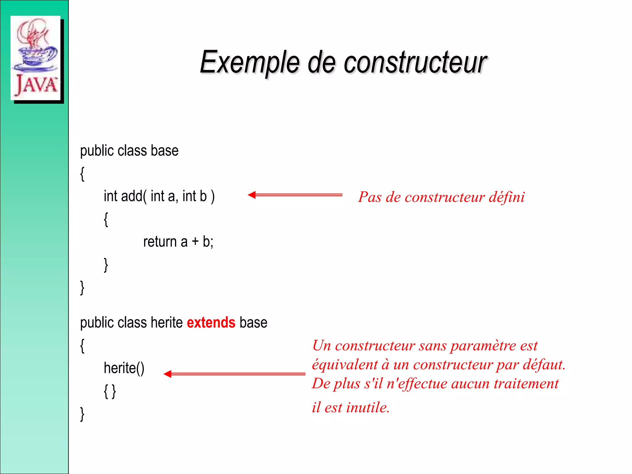 Exemple de constructeur
public class base
{
int add( int a, int b )
{
return a + b;
}
}
public class herite extends base
{
herite()
{ }
}
Pas de constructeur défini
Un constructeur sans paramètre est
équivalent à un constructeur par défaut.
De plus s'il n'effectue aucun traitement
il est inutile.
 