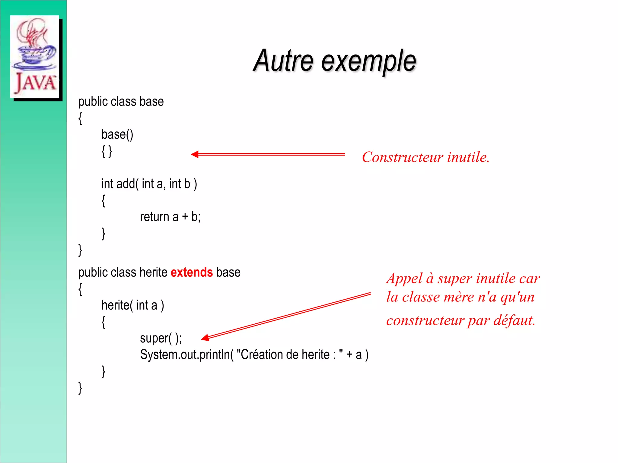 Autre exemple
public class base
{
base()
{ }
int add( int a, int b )
{
return a + b;
}
}
public class herite extends base
{
herite( int a )
{
super( );
System.out.println( "Création de herite : " + a )
}
}
Constructeur inutile.
Appel à super inutile car
la classe mère n'a qu'un
constructeur par défaut.
 