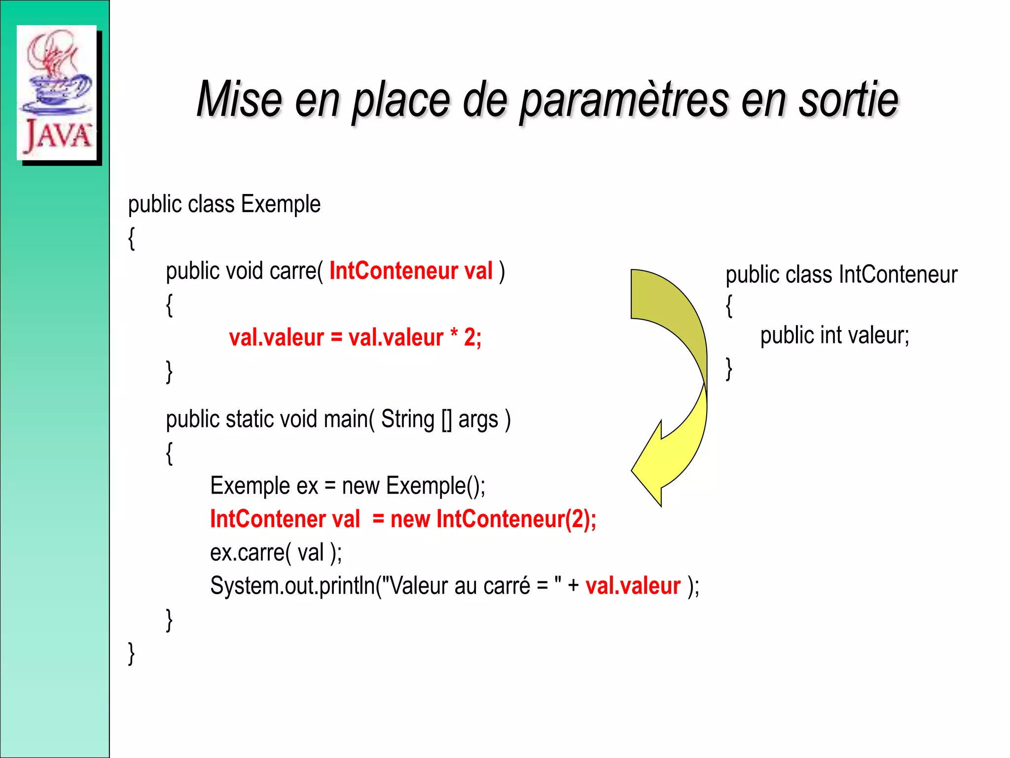 Mise en place de paramètres en sortie
public class Exemple
{
public void carre( IntConteneur val )
{
val.valeur = val.valeur * 2;
}
public static void main( String [] args )
{
Exemple ex = new Exemple();
IntContener val = new IntConteneur(2);
ex.carre( val );
System.out.println("Valeur au carré = " + val.valeur );
}
}
public class IntConteneur
{
public int valeur;
}
 