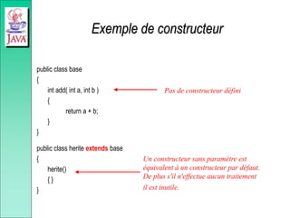 Exemple de constructeur
public class base
{
int add( int a, int b )
{
return a + b;
}
}
public class herite extends base
{
herite()
{ }
}
Pas de constructeur défini
Un constructeur sans paramètre est
équivalent à un constructeur par défaut.
De plus s'il n'effectue aucun traitement
il est inutile.
 
