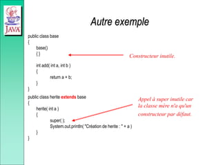 Autre exemple
public class base
{
base()
{ }
int add( int a, int b )
{
return a + b;
}
}
public class herite extends base
{
herite( int a )
{
super( );
System.out.println( "Création de herite : " + a )
}
}
Constructeur inutile.
Appel à super inutile car
la classe mère n'a qu'un
constructeur par défaut.
 