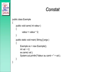 Constat
public class Exemple
{
public void carre( int valeur )
{
valeur = valeur * 2;
}
public static void main( String [] args )
{
Exemple ex = new Exemple();
int val = 2;
ex.carre( val );
System.out.println("Valeur au carré = " + val );
}
}
 