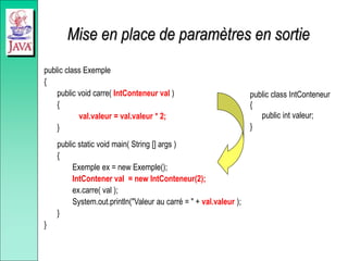 Mise en place de paramètres en sortie
public class Exemple
{
public void carre( IntConteneur val )
{
val.valeur = val.valeur * 2;
}
public static void main( String [] args )
{
Exemple ex = new Exemple();
IntContener val = new IntConteneur(2);
ex.carre( val );
System.out.println("Valeur au carré = " + val.valeur );
}
}
public class IntConteneur
{
public int valeur;
}
 
