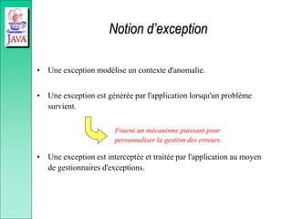 Notion d’exception
• Une exception modélise un contexte d'anomalie.
• Une exception est générée par l'application lorsqu'un problème
survient.
• Une exception est interceptée et traitée par l'application au moyen
de gestionnaires d'exceptions.
Fourni un mécanisme puissant pour
personnaliser la gestion des erreurs.
 