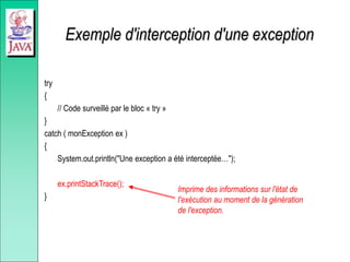 Exemple d'interception d'une exception
try
{
// Code surveillé par le bloc « try »
}
catch ( monException ex )
{
System.out.println("Une exception a été interceptée…");
ex.printStackTrace();
}
Imprime des informations sur l'état de
l'exécution au moment de la génération
de l'exception.
 