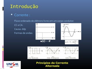 Introdução
 Corrente :
Fluxo ordenado de elétrons livres em um corpo condutor.
CC e CA.
Causa: ddp
Formas de ondas:
Princípios da Corrente
Alternada
 