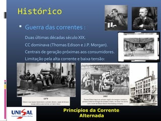 Histórico
 Guerra das correntes :
Duas últimas décadas século XIX.
CC dominava (Thomas Edison e J.P. Morgan).
Centrais de geração próximas aos consumidores.
Limitação pela alta corrente e baixa tensão:
Princípios da Corrente
Alternada
 