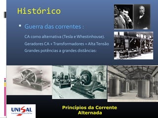 Histórico
 Guerra das correntes :
CA como alternativa (Tesla eWhestinhouse).
Geradores CA +Transformadores = AltaTensão
Grandes potências a grandes distâncias:
Princípios da Corrente
Alternada
 