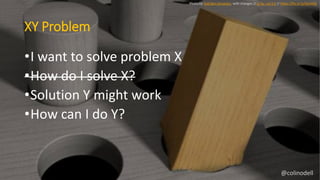 XY Problem
Photo by Yoel Ben-Avraham, with changes // cc by--nd 2.0 // https://flic.kr/p/6pmtQL
•I want to solve problem X
•How do I solve X?
•Solution Y might work
•How can I do Y?
@colinodell
 