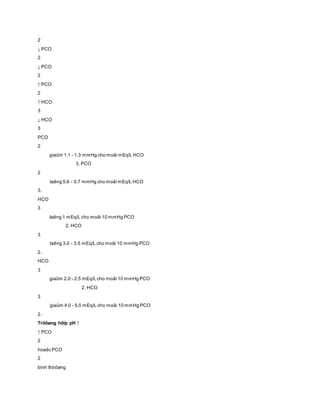 2
↓ PCO
2
↓ PCO
2
↑ PCO
2
↑ HCO
3
↓ HCO
3
PCO
2
giaûm 1.1 - 1.3 mmHg cho moãi mEq/L HCO
3. PCO
2
taêng 0.6 - 0.7 mmHg cho moãi mEq/L HCO
3.
HCO
3
taêng 1 mEq/L cho moãi 10 mmHg PCO
2. HCO
3
taêng 3.0 - 3.5 mEq/L cho moãi 10 mmHg PCO
2.
HCO
3
giaûm 2.0 - 2.5 mEq/L cho moãi 10 mmHg PCO
2. HCO
3
giaûm 4.0 - 5.0 mEq/L cho moãi 10 mmHg PCO
2.
Tröôøng hôïp pH ↑
↑ PCO
2
hoaëc PCO
2
bình thöôøng
 