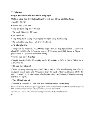 V. Chẩn đoán
Bảng 3. Tiêu chuẩn chẩn đoán nhiễm trùng huyết
Ổ nhiễm trùng (tìm được hoặc nghi ngờ) và có ít nhất 1 trong các triệu chứng:
• Sốt (T0 > 38.3°C)
• Hạ thân nhiệt (T0 < 36°C)
• Nhịp tim nhanh (nhịp tim > 90/ phút)
• Thở nhanh (nhịp thở > 20/ phút)
• Rối loạn tri giác
• Tăng đường huyết (đường > 120 mg/dL) trên người không bị tiểu đường
• Phù nhiều (Cân bằng dịch 24 giờ: (+) > 20 mL/ kg)
• Các dấu hiệu viêm
✓ Tăng bạch cầu máu (WBC > 12,000/mm3 hoặc > 10% các dạng bạch cầu non) ✓ Giảm bạch
cầu (WBC < 4000/mm3) ✓ C-reactive protein > 2 lệch chuẩn so với bình thường ✓ Plasma
procalcitonin > 2 lệch chuẩn so với bình thường
• Các rối loạn huyết động học
✓ Huyết áp thấp (SBP < 90 mm Hg, MAP < 70 mm Hg) ✓ SvO2 > 70% ✓ Chỉ số tim >
3.5 L/ min/ m2
• Rối loạn chức năng mô
✓ Giảm oxy trong máu động mạch (PaO2/ FiO2 < 300) ✓ Thiểu niệu cấp (lượng nước tiểu < 0.5
mL/kg/giờ trong ít nhất 2 giờ) ✓ Creatinine tăng > 0.5 mg/dL ✓ Rối loạn đông máu (INR > 1.5
or PTT > 60 sec) ✓ Liệt ruột ✓ Giảm tiểu cầu (Tiểu cầu < 100,000 mm3) ✓ Bilirubin máu tăng
(bilirubin > 4 mg/dL)
• Thay đổi tưới máu mô
✓ Lactate > 2 mmol/L ✓ Giảm tưới máu mao mạch hoặc da nổi bông
Các từ viết tắt: FiO2, fractional inspired oxygen; INR, international normalized ratio; MAP, mean arterial pressure;
PTT, partial thromboplastin time; SBP, systolic blood pressure; SD, standard
deviation; sec,seconds; SvO2, mixed venous oxygen saturation; WBC, white blood cells.
91
 