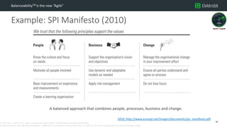 CC SSE Much | 2016-11-15 | Agile in Automotive 2016 | Public | © Elektrobit Automotive GmbH 2016.
All rights reserved, also regarding any disposal, exploitation, reproduction, editing, distribution, as well as in the event of applications for industrial property rights.
Example: SPI Manifesto (2010)
BalanceabilityTM is the new “Agile”
A balanced approach that combines people, processes, business and change.
29
2010, http://www.eurospi.net/images/documents/spi_manifesto.pdf
 