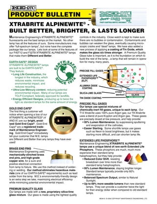PRODUCT BULLETIN
XTRABRITE ALPINEWITE® -
BUILT BETTER, BRIGHTER, & LASTS LONGER
Maintenance Engineering’s XTRABRITE ALPINEWITE®                 controls in the industry. Close watch is kept to make sure
fluorescents are the best lamps on the market. No other         there are no bubbles or contamination. Contaminants and
lamp has all the features of ours. Some manufacturers may       bubbles can weaken the glass, eventually causing micro-
offer “full-spectrum lamps”, but none have the complete         scopic cracks and “dead” lamps. We have also added a
package like our lamps. Lets look at some of the features of    new process of applying a coating of Tin Oxide, which
our F40T12 and F32T8 XTRABRITE ALPINEWITE® lamps                makes the glass six times stronger. A Premium Quality
that make them Different and Better.                            Glass tube is important, as it is the foundation on which to
                                                                build the rest of the lamp…a lamp that will remain in opera-
EARTH-SAFE® DESIGN                            H -S A            tion for many, many years.
XTRABRITE ALPINEWITE® lamps                RT
                                                      FE
                                      EA


are built to be EARTH-SAFE®.

                                                          ®
                                                         .NET
They feature:                                                   PRECISE FILL GASES
  • Long Life Construction, the
                                                                EXTENDED LIFE
     longest in the industry, which                              PHOSPHORS™
                                          IN
                                       S




                                                      4

                                             CE 197
     reduces waste, minimizes                                    (ELP)
     environmental impact, and
     reduces recycling.                                         ALUMINA OXIDE
                                                                  COATING
  • Ultra-Low Mercury content, reducing potential
     environmental impact. Many of our lamps are                SILICA-LIME GLASS
     TCLP-Compliant, federally approved for landfills.
  • Energy Efficient Designs, producing up to twice the         TIN OXIDE COATING
     light as standard lamps for the same amount of energy.
                                                                PRECISE FILL GASES
                                                                Our lamps use special mixtures of
GOLD END CAPS®
                                                                chemically-inert fill gases, unique to each lamp. Our
The first thing a customer will
                                                                T12 Xtrabrite uses 100% pure Argon gas; our T8 Xtrabrite
notice when opening a box of our
                                                                uses a blend of pure Krypton and Argon gas. These gases
XTRABRITE ALPINEWITES® (4’
                                                                are precisely dosed at low pressure, and help provide:
AND 8’) are our bright, anod-
                                                                  • 95% Lumen Maintenance, by suppressing sputtering
ized Gold End Caps®. Gold End
                                                                      and evaporation of the cathodes.
Caps® are a registered trade-
                                                                  • Easier Starting. Some shortlife lamps use gases
mark of Maintenance Engineer-
                                                                      such as Neon to boost brightness, but it makes
ing. Gold End Caps® immediately
                                                                      starting more difficult, and can shorten lamp life.
tell your customer that M.E. lamps
are Different and Better than any lamps they have ever       EXTENDED LIFE PHOSPHORS™
used!                                                        Maintenance Engineering XTRABRITE ALPINEWITE®
                                                             lamps use a unique blend of rare earth Extended Life
BRASS END PINS                                               Phosphors. These phosphors are much, much more
Maintenance Engineering uses                                 expensive than standard lamp
mechanically-clinched brass                                  halophosphors, but they help provide:
end pins, and high-grade                                       • Reduced Color Shift, resisting
copper wire, for a sure and                                       breakdown over time more than
positive electrical connection                                    standard lamp halophosphors.
from lamp to fixture. We use this method instead of solder-    • 95% Lumen Maintenance, staying brighter longer.
ing or welding. Our method eliminates hazardous mate-             Standard lamps typically provide only 60%
rials (one of our EARTH-SAFE® requirements) such as lead          maintenance.
solder from the lamp. M.E.’s environmentally-friendly design   • Balanced Spectrum Output, similar to Natural
is an extra step we take, maximizing electrical efficiency        Sunlight.
while minimizing potential environmental impact.               • Up to 69% more seeable lumens than new standard
                                                                  lamps. They can provide a customer twice the light
PREMIUM QUALITY GLASS                                             for their energy dollar when compared to old standard 	
Our lamps are made with a new, proprietary silica-lime            lamps.
glass mixture. Our glass is made using the tightest quality
                                                                                 ME9010 © 2008 COPYRIGHT MAINTENANCE ENGINEERING, LTD
 