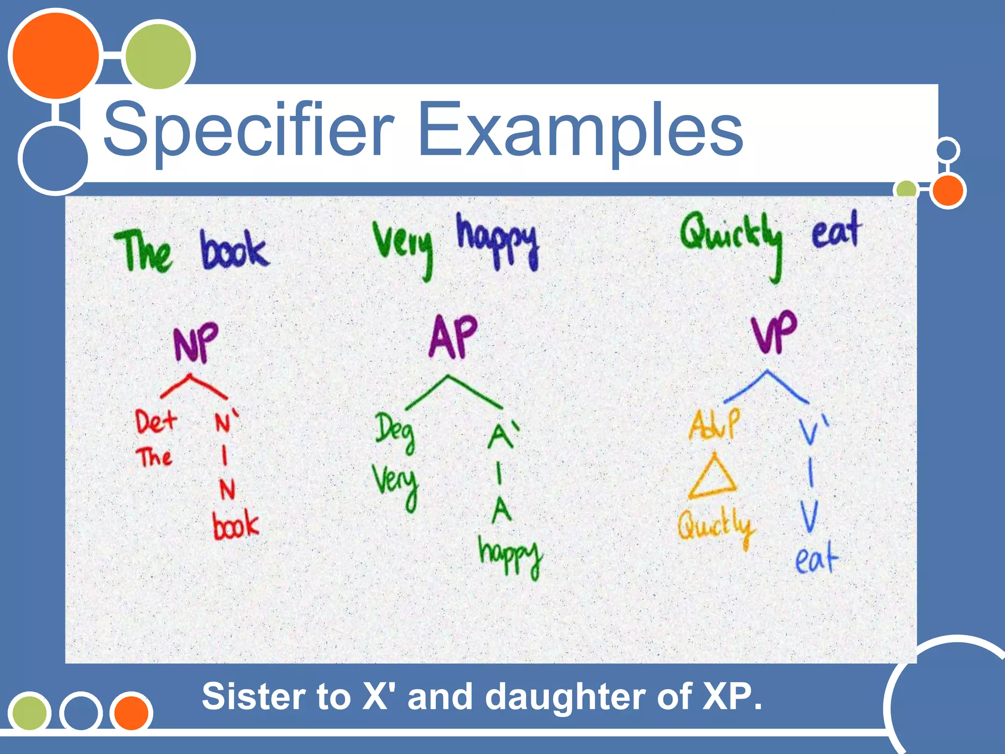 Specifier Examples
Sister to X' and daughter of XP.
 