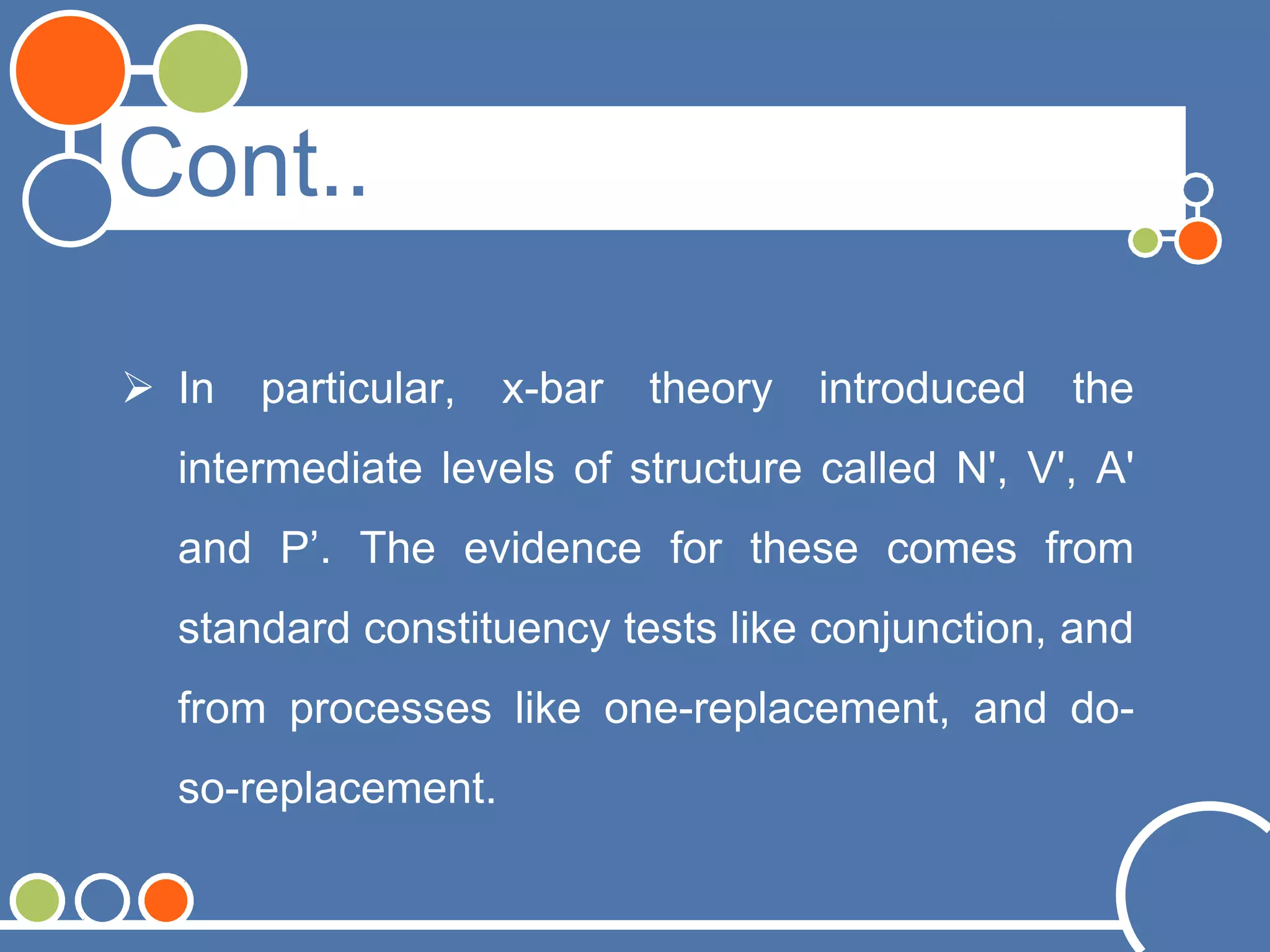 Cont..
 In particular, x-bar theory introduced the
intermediate levels of structure called N', V', A'
and P’. The evidence for these comes from
standard constituency tests like conjunction, and
from processes like one-replacement, and do-
so-replacement.
 