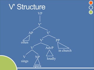 ©Andrew Carnie,2006
V'
AP V'
V' PP
V' AdvP
NP
often
V
sings
opera
loudly
in church
V' Structure
VP
 