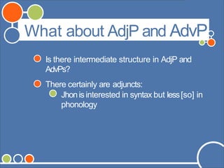 ©Andrew Carnie,2006
Is there intermediate structure in AdjP and
AdvPs?
There certainly are adjuncts:
Jhonis interested in syntax but less[so] in
phonology
What about AdjP and AdvP
 