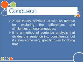 Conclusion
 X-bar theory provides us with an avenue
for exploring the differences and
similarities among languages.
 It is a method of sentence analysis that
divides the sentence into constituents, but
it states some very specific rules for doing
that.
 