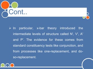 Cont..
 In particular, x-bar theory introduced the
intermediate levels of structure called N', V', A'
and P’. The evidence for these comes from
standard constituency tests like conjunction, and
from processes like one-replacement, and do-
so-replacement.
 