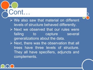 Cont…
 We also saw that material on different
levels of structure behaved differently.
 Next we observed that our rules were
failing to capture several
generalizations about the data.
 Next, there was the observation that all
trees have three levels of structure.
They all have specifiers, adjuncts and
complements.
 