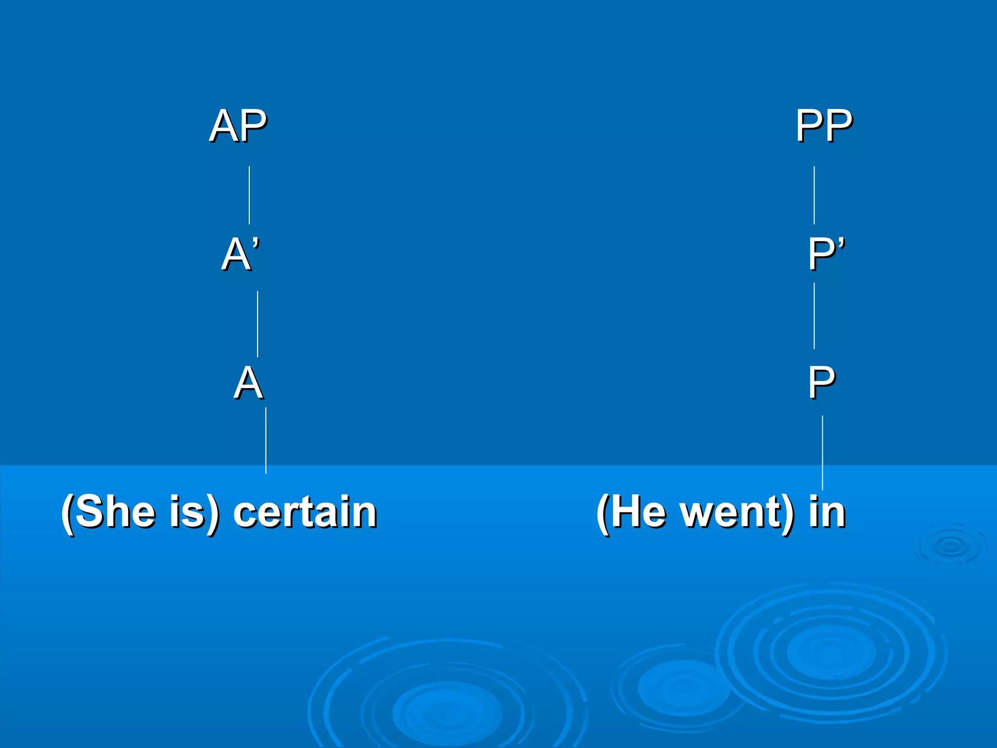 APAP PPPP
AA’’ P’P’
AA PP
(She is) certain(She is) certain (He went) in(He went) in
 