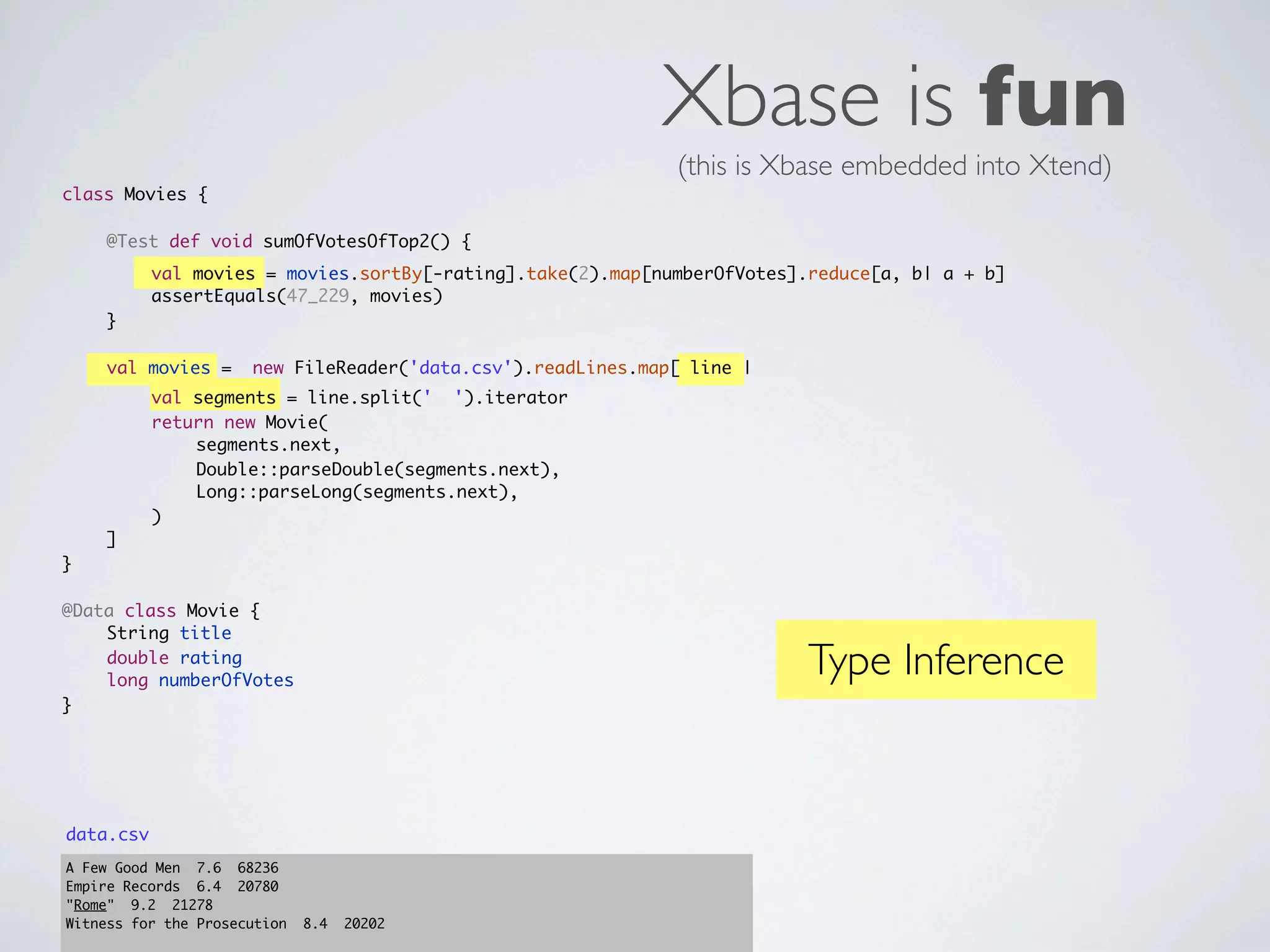 Xbase is fun
                                                              (this is Xbase embedded into Xtend)
class Movies {
	   	
	   @Test def void sumOfVotesOfTop2() {
	   	      val movies = movies.sortBy[-rating].take(2).map[numberOfVotes].reduce[a, b| a + b]
	   	      assertEquals(47_229, movies)
	   }
	
	   val movies =      new FileReader('data.csv').readLines.map[ line |
	   	      val segments = line.split(' ').iterator
	   	      return new Movie(
	   	      	   segments.next,
	   	      	   Double::parseDouble(segments.next),
	   	      	   Long::parseLong(segments.next),
	   	      )
	   ]
}

@Data class Movie {
	   String title
	
	
    double rating
    long numberOfVotes
                                                                          Type Inference
}




data.csv
A Few Good Men 7.6 68236
Empire Records 6.4 20780
"Rome" 9.2 21278
Witness for the Prosecution   8.4   20202
 