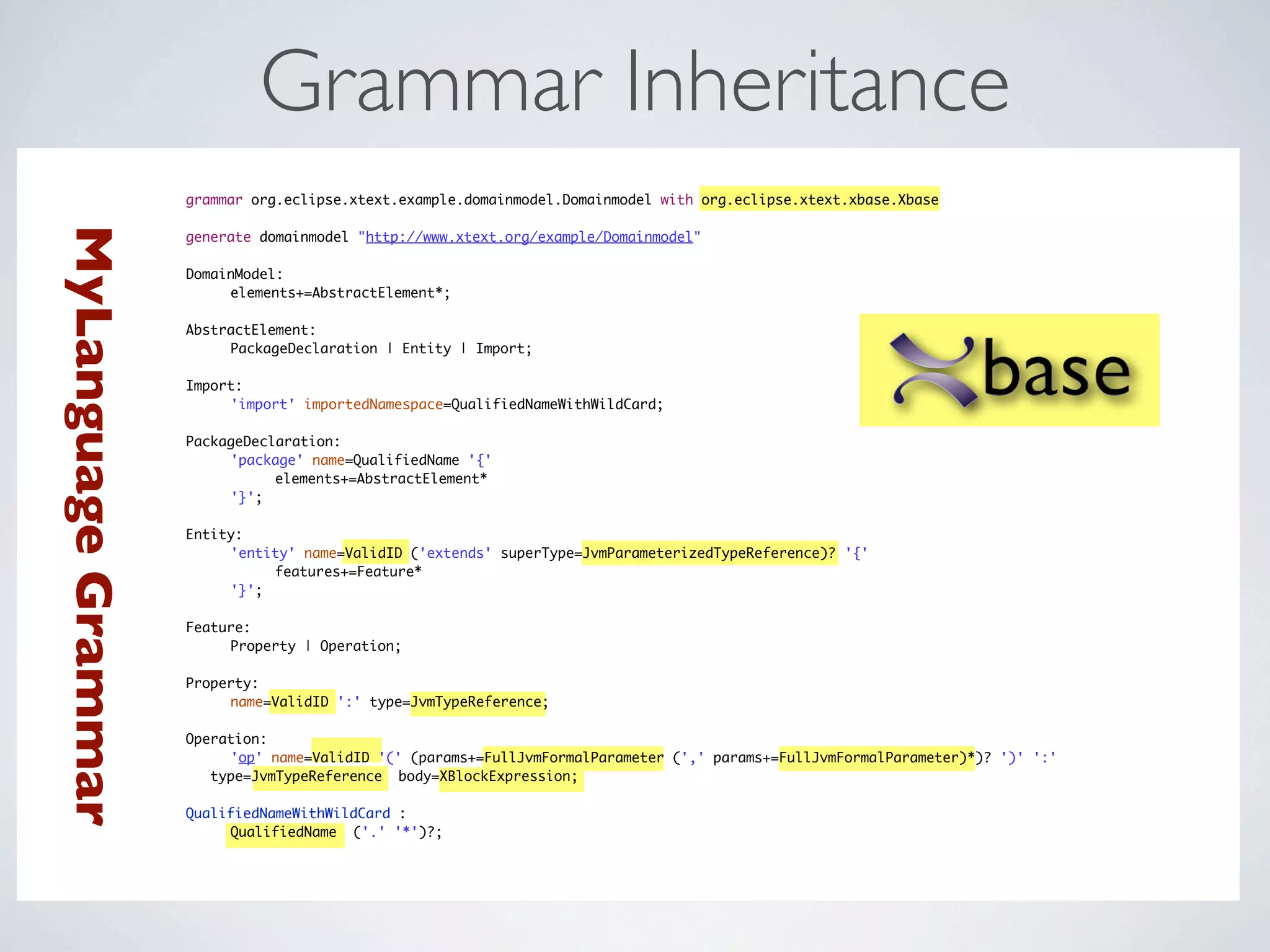 Grammar Inheritance
                                    grammar org.eclipse.xtext.example.domainmodel.Domainmodel with org.eclipse.xtext.xbase.Xbase
                                    	
               MyLanguage Grammar


                                    generate domainmodel "http://www.xtext.org/example/Domainmodel"
                                    	
                                    DomainModel:
                                    	    elements+=AbstractElement*;
                                    	
My Language Grammar




                                    AbstractElement:
                                    	    PackageDeclaration | Entity | Import;
                                    	
                                    Import:
                                    	    'import' importedNamespace=QualifiedNameWithWildCard;
                                    	
                                    PackageDeclaration:
                                    	    'package' name=QualifiedName '{'
                                    	    	     elements+=AbstractElement*
                                    	    '}';
                                    	
                                    Entity:
                                    	    'entity' name=ValidID ('extends' superType=JvmParameterizedTypeReference)? '{'
                                    	    	     features+=Feature*
                                    	    '}';
                                    	
                                    Feature:
                                    	    Property | Operation;
                                    	
                                    Property:
                                    	    name=ValidID ':' type=JvmTypeReference;
                                    	
                                    Operation:
                                    	    'op' name=ValidID '(' (params+=FullJvmFormalParameter (',' params+=FullJvmFormalParameter)*)? ')' ':'
                                       type=JvmTypeReference body=XBlockExpression;
                                    	
                                    QualifiedNameWithWildCard :
                                    	    QualifiedName ('.' '*')?;
 