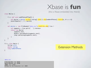 Xbase is fun
                                                              (this is Xbase embedded into Xtend)
class Movies {
	   	
	   @Test def void sumOfVotesOfTop2() {
	   	      val movies = movies.sortBy[-rating].take(2).map[numberOfVotes].reduce[a, b| a + b]
	   	      assertEquals(47_229, movies)
	   }
	
	   val movies =      new FileReader('data.csv').readLines.map[ line |
	   	      val segments = line.split(' ').iterator
	   	      return new Movie(
	   	      	   segments.next,
	   	      	   Double::parseDouble(segments.next),
	   	      	   Long::parseLong(segments.next),
	   	      )
	   ]
}

@Data class Movie {
	   String title
	
	
    double rating
    long numberOfVotes
                                                                          Extension Methods
}




data.csv
A Few Good Men 7.6 68236
Empire Records 6.4 20780
"Rome" 9.2 21278
Witness for the Prosecution   8.4   20202
 
