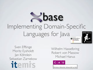 Implementing Domain-Speciﬁc
     Languages for Java
   Sven Efftinge
                     Wilhelm Hasselbring
  Moritz Eysholdt
                     Robert von Massow
   Jan Köhnlein
                       Michael Hanus
Sebastian Zarnekow
 