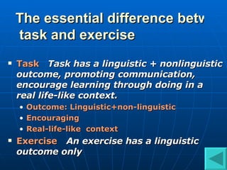 The essential difference between   task and exercise Task  Task has a linguistic + nonlinguistic outcome, promoting communication, encourage learning through doing in a real life-like context.  Outcome: Linguistic+non-linguistic  Encouraging Real-life-like  context Exercise   An exercise has a linguistic outcome only  