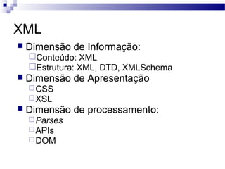 XML
 Dimensão de Informação:
Conteúdo: XML
Estrutura: XML, DTD, XMLSchema
 Dimensão de Apresentação
CSS
XSL
 Dimensão de processamento:
Parses
APIs
DOM
 