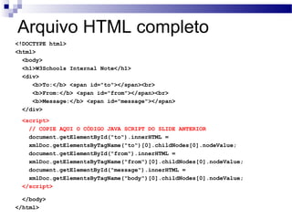 Arquivo HTML completo
<!DOCTYPE html>
<html>
<body>
<h1>W3Schools Internal Note</h1>
<div>
<b>To:</b> <span id="to"></span><br>
<b>From:</b> <span id="from"></span><br>
<b>Message:</b> <span id="message"></span>
</div>
<script>
// COPIE AQUI O CÓDIGO JAVA SCRIPT DO SLIDE ANTERIOR
document.getElementById("to").innerHTML =
xmlDoc.getElementsByTagName("to")[0].childNodes[0].nodeValue;
document.getElementById("from").innerHTML =
xmlDoc.getElementsByTagName("from")[0].childNodes[0].nodeValue;
document.getElementById("message").innerHTML =
xmlDoc.getElementsByTagName("body")[0].childNodes[0].nodeValue;
</script>
</body>
</html>
 