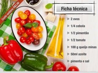 Ficha técnica
2 ovos
1/4 cebola
1/2 pimentão
1/2 tomate
100 g queijo minas
50ml azeite
pimenta e sal
CustounitárioR$2,00
 