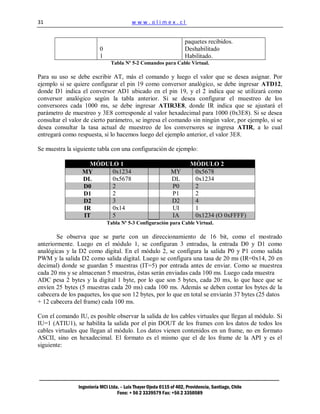 31                                        www.olimex.cl


                                                                     paquetes recibidos.
                          0                                          Deshabilitado
                          1                                          Habilitado.
                                Tabla Nº 5-2 Comandos para Cable Virtual.

Para su uso se debe escribir AT, más el comando y luego el valor que se desea asignar. Por
ejemplo si se quiere configurar el pin 19 como conversor analógico, se debe ingresar ATD12,
donde D1 indica el conversor AD1 ubicado en el pin 19, y el 2 indica que se utilizará como
conversor analógico según la tabla anterior. Si se desea configurar el muestreo de los
conversores cada 1000 ms, se debe ingresar ATIR3E8, donde IR indica que se ajustará el
parámetro de muestreo y 3E8 corresponde al valor hexadecimal para 1000 (0x3E8). Si se desea
consultar el valor de cierto parámetro, se ingresa el comando sin ningún valor, por ejemplo, si se
desea consultar la tasa actual de muestreo de los conversores se ingresa ATIR, a lo cual
entregará como respuesta, si lo hacemos luego del ejemplo anterior, el valor 3E8.

Se muestra la siguiente tabla con una configuración de ejemplo:

                   MÓDULO 1                                             MÓDULO 2
                 MY     0x1234                                MY         0x5678
                 DL     0x5678                                DL         0x1234
                 D0     2                                     P0         2
                 D1     2                                     P1         2
                 D2     3                                     D2         4
                 IR     0x14                                  UI         1
                 IT     5                                     IA         0x1234 (O 0xFFFF)
                              Tabla Nº 5-3 Configuración para Cable Virtual.

        Se observa que se parte con un direccionamiento de 16 bit, como el mostrado
anteriormente. Luego en el módulo 1, se configuran 3 entradas, la entrada D0 y D1 como
analógicas y la D2 como digital. En el módulo 2, se configura la salida P0 y P1 como salida
PWM y la salida D2 como salida digital. Luego se configura una tasa de 20 ms (IR=0x14, 20 en
decimal) donde se guardan 5 muestras (IT=5) por entrada antes de enviar. Como se muestrea
cada 20 ms y se almacenan 5 muestras, éstas serán enviadas cada 100 ms. Luego cada muestra
ADC pesa 2 bytes y la digital 1 byte, por lo que son 5 bytes, cada 20 ms, lo que hace que se
envíen 25 bytes (5 muestras cada 20 ms) cada 100 ms. Además se deben contar los bytes de la
cabecera de los paquetes, los que son 12 bytes, por lo que en total se enviarán 37 bytes (25 datos
+ 12 cabecera del frame) cada 100 ms.

Con el comando IU, es posible observar la salida de los cables virtuales que llegan al módulo. Si
IU=1 (ATIU1), se habilita la salida por el pin DOUT de los frames con los datos de todos los
cables virtuales que llegan al módulo. Los datos vienen contenidos en un frame, no en formato
ASCII, sino en hexadecimal. El formato es el mismo que el de los frame de la API y es el
siguiente:




                Ingeniería MCI Ltda. – Luis Thayer Ojeda 0115 of 402, Providencia, Santiago, Chile
                                   Fono: + 56 2 3339579 Fax: +56 2 3350589
 