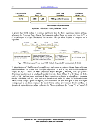 32                                         www.olimex.cl




                             Figura 5-8 Formato del Frame para Cable Virtual.

El primer byte 0x7E indica el comienzo del frame. Los dos bytes siguientes indican el largo
solamente del Frame de Datos (Frame Data) (es decir, todo el frame sin contar ni el byte 0x7E, ni
el largo-Length, ni el byte Checksum). La estructura API que viene después se compone de lo
siguiente:




        Figura 5-9 Estructura del Frame para Cable Virtual. Ocupando Direccionamiento de 16 bit.

El identificador API 0x83 (cuarto byte del frame) indica que se están recibiendo datos utilizando
direccionamiento de 16 bits. Los dos bytes siguientes (el byte 5 y 6) indican la dirección de
origen. El byte 7 indica el RSSI (Received Signal Stregth _ ODEM_ dor) que permite
determinar la potencia de la señal desde donde vienen los datos. El byte 8, se divide en bit, de los
cuales el bit 1 indica si es un broadcast de direccionamiento utilzando la misma PAN ( broadcast
con DL=0xFFFF) y el bit 2 que indica un broadcast de todas las redes PAN (broadcast con
ID=0xFFFF). Luego a partir del byte 9, hasta el número de byte dado por el byte de Length,
corresponden a los datos obtenidos del modo Cable Virtual provenientes de otro módulo. El
formato de estos datos se explica en la sección 7.2, especialmente las Figura 7-4 y Figura 7-5.




                 Ingeniería MCI Ltda. – Luis Thayer Ojeda 0115 of 402, Providencia, Santiago, Chile
                                    Fono: + 56 2 3339579 Fax: +56 2 3350589
 