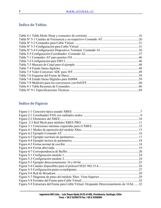 4                                                 www.olimex.cl



Índice de Tablas

Tabla 4-1 Tabla Modo Sleep y consumos de corriente. .............................................................. 16
Tabla Nº 5-1 Canales de Frecuencia y su respectivo Comando AT. ........................................... 26
Tabla Nº 5-2 Comandos para Cable Virtual. .............................................................................. 31
Tabla Nº 5-3 Configuración para Cable Virtual. ........................................................................ 31
Tabla Nº 5-4 Configuración Dispositivo Terminal. Comando A1. ............................................. 36
Tabla 5-5 Configuración Coordinador. Comando A2................................................................. 37
Tabla 7-1 Comandos AT para puertos I/O. ................................................................................ 46
Tabla 7-2 Configuración para DIO 2. ........................................................................................ 46
Tabla 7-3 Mascara de Canal para el ejemplo. ............................................................................ 48
Tabla 7-4 Estado lineas digitales. .............................................................................................. 48
Tabla 7-5 Valor Conversor ADC para 3FF. ............................................................................... 49
Tabla 7-6 Esquema del Frame de Datos..................................................................................... 59
Tabla 7-8 Estado líneas Digitales para 0x0004. ......................................................................... 59
Tabla 7-9 Medición para los conversores con 0x03FF. .............................................................. 60
Tabla 8-1 Tabla Resumen de Comandos. ................................................................................... 66
Tabla Nº 9-1 Especificaciones Técnicas. ................................................................................... 69



Índice de Figuras

Figura 1-1 Conexión típica usando XBEE. ..................................................................................7
Figura 2-1 Coordinador PAN con múltiples nodos. .....................................................................9
Figura 2-2 Elementos del XBEE................................................................................................ 10
Figura 2-3 Red Mech para módulos XBEE PRO. ..................................................................... 11
Figura 3-1 Conexiones mínimas requeridas para el XBEE. ........................................................ 12
Figura 4-1 Modos de operación del modulo Xbee...................................................................... 13
Figura 4-2 Ejemplo Comando AT. ............................................................................................ 16
Figura 4-3 Ejemplo escritura de parámetros............................................................................... 17
Figura 4-4 Ejemplo lectura de parámetros. ................................................................................ 18
Figura 4-5 Forma normal de escribir. ........................................................................................ 18
Figura 4-6 Forma abreviada. ..................................................................................................... 19
Figura 4-7 Correspondencia de Buffer. ...................................................................................... 20
Figura 5-1 Configuración modulo 1........................................................................................... 24
Figura 5-2 Configuración modulo 2........................................................................................... 24
Figura 5-3 Ejemplo direccionamiento 16 y 64 bit. ..................................................................... 25
Figura 5-4 Canales disponibles para el protocol IEEE 802.15.4 ................................................. 26
Figura 5-5 Configuración punto-a-multipunto. .......................................................................... 27
Figura 5-6 Red de Broadcast. .................................................................................................... 28
Figura 5-7 Diagrama de pines del módulo Xbee. Vista Superior. ............................................... 29
Figura 5-8 Formato del Frame para Cable Virtual...................................................................... 32
Figura 5-9 Estructura del Frame para Cable Virtual. Ocupando Direccionamiento de 16 bit. ..... 32


                      Ingeniería MCI Ltda. – Luis Thayer Ojeda 0115 of 402, Providencia, Santiago, Chile
                                         Fono: + 56 2 3339579 Fax: +56 2 3350589
 